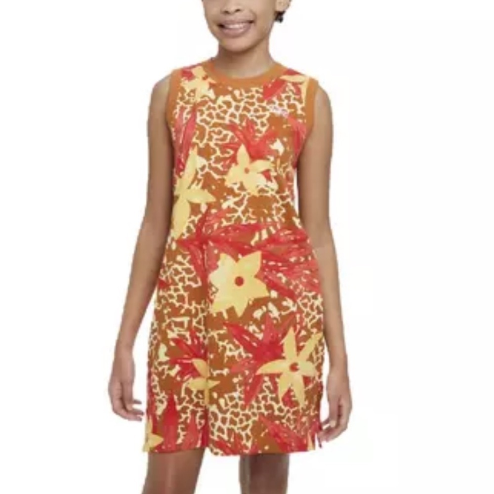 Nike Sportswear Big Kids Orange Floral Dress Embroidered Logo Size Large